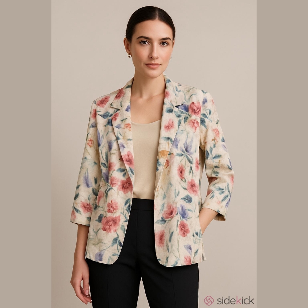 Vintage 70s Tweed Floral Blazer Cream Pink Blue Sz Small EUC